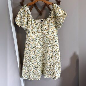 Old Navy Yellow Floral Dress Womens XL Tall Navy Print Puff-Sleeve Smocked